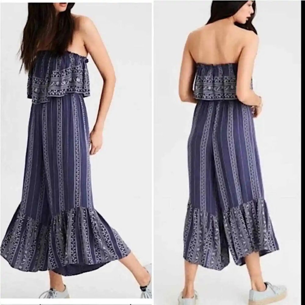 Japna Boho Ruffle Blue Creme Stripe Floral Jumpsuit Sz M